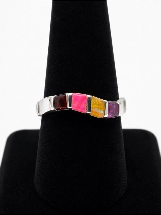 Native American Jewelry - Multicolor Opal Inlay and Sterling Silver Native Handmade Ring (Size 8) - NEW